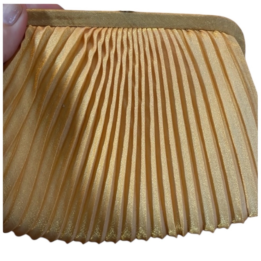 Sasha Gold Satin Pleated small purse w/Gold chain shoulder strap 7.5”W X 5.5”H - Picture 4 of 12